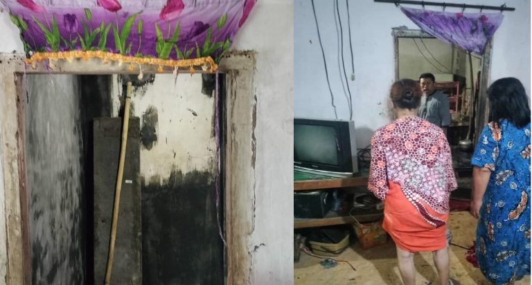 Warga melihat rumah yang terbakar akibat ledakan tabung elpiji di Desa Parijatah Kulon, Kecamatan Srono, Banyuwangi, Selasa (28/2/2023) pagi.