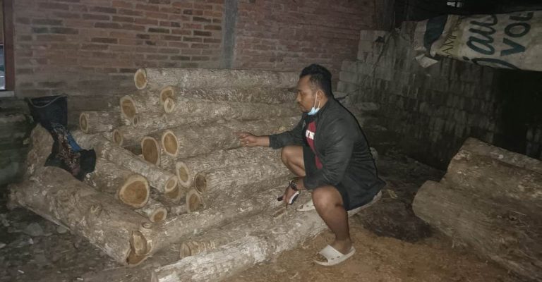 Petugas menyita tumpukan kayu jati curian dari kawasan Perhutani Banyuwangi Selatan, Kecamatan Purwoharjo, Banyuwangi.
