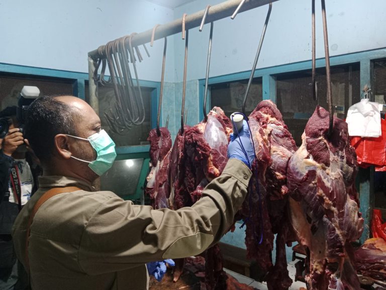 Petugas mengecek peredaran daging di Pasar Banyuwangi, Senin (17/4/2023) pagi.