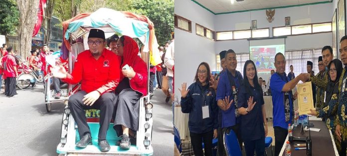 PDIP dan NasDem mendaftar bacaleg ke KPUD Banyuwangi nyaris bersamaan, Kamis (11/5/2023) siang. (foto/udi)