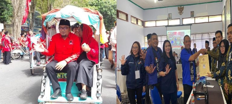 PDIP dan NasDem mendaftar bacaleg ke KPUD Banyuwangi nyaris bersamaan, Kamis (11/5/2023) siang. (foto/udi)