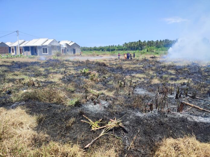 Kebakaran melanda lahan kosong dekat perumahan di Banyuwangi yang meresahkan warga, Kamis (7/9/2023). (foto/udi)