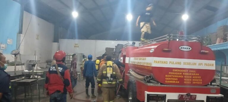 Petugas pemadam menjinakkan api yang membakar gudang ikan di Muncar, Banyuwangi, Selasa (19/12/2023) malam. (foto/ist)