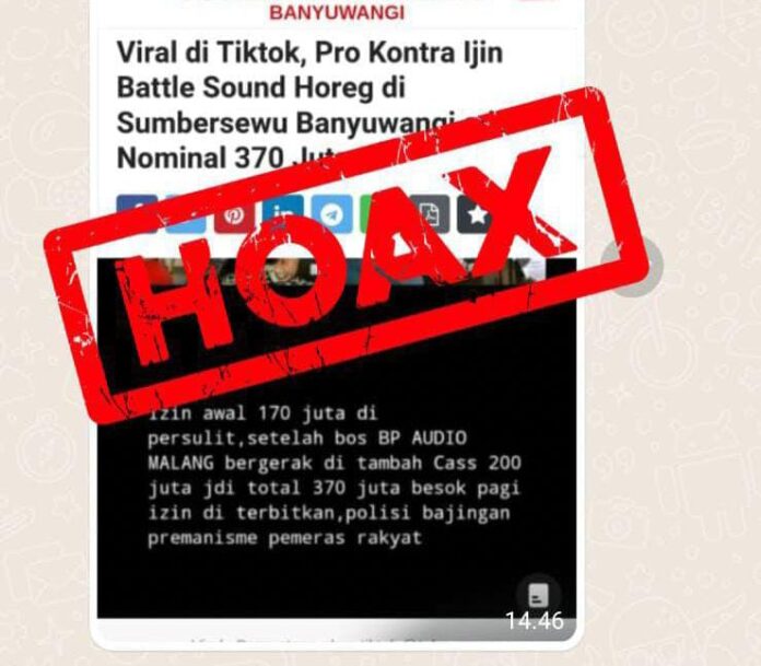 Tangkapan layar kabar bohong yang menyudutkan Polresta Banyuwangi terkait izin sound horek. (Foto/tangkapan layar)